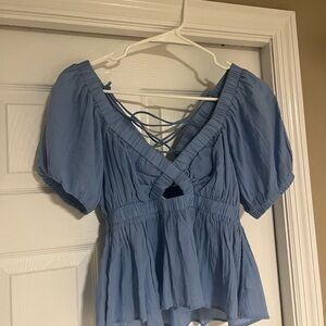 Blue Puff Sleeve Women's Top